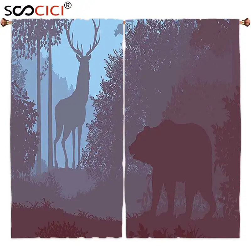 

Window Curtains Treatments 2 Panels,Cabin Decor Grizzly Bear and Antler Mysterious Woods Smoky Jungle Fauna Landscape Sky Blue