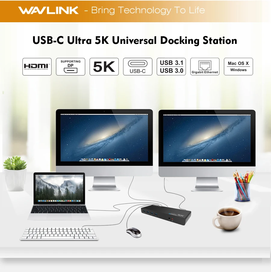 Wavlink Универсальная док-станция USB 3,0 USB-C двойной 4K Ultra Dock DP Gen1 type-C Gigabit Ethernet Расширенный и зеркальный режим видео