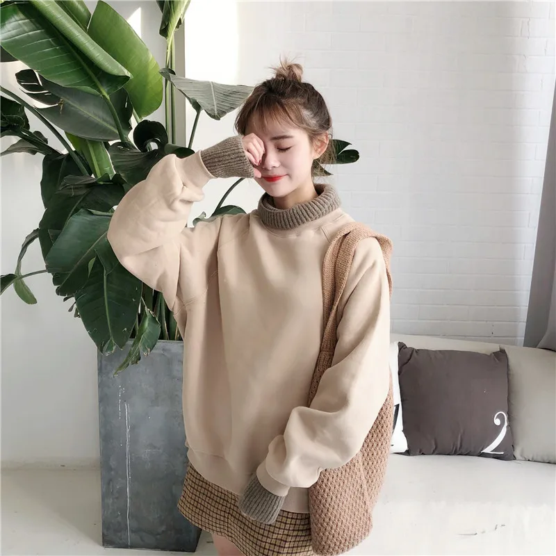 

Spring Women Hoodies Turtleneck Patchwork 2018 Two false pieces Plus Size Hoodies Warm Sweatshirt Button Top Female Jacket z30