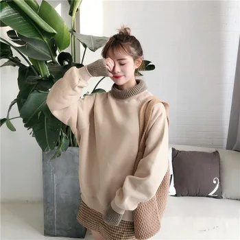 

Spring Women Hoodies Turtleneck Patchwork 2018 Two false pieces Plus Size Hoodies Warm Sweatshirt Button Top Female Jacket z30