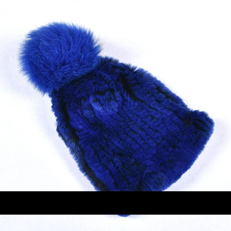 Зимняя меховая шапка для женщин, настоящий мех кролика, шапка с лисьим мехом, помпоны, меховые вязаные шапочки - Цвет: NO.10 mazarine
