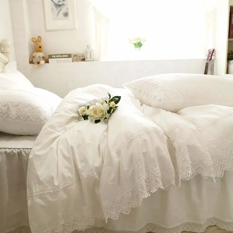 Luxury Embroidery Bedding Set White Lace Cake Layers Ruffle Duvet Cover