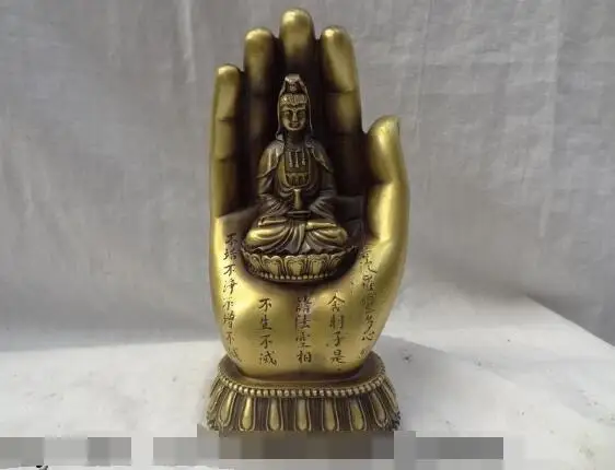

S6667 Chinese Pure Bronze Louts Kwan-Yin GuanYin Brass Old HanZi Buddha Hand Statue D0318