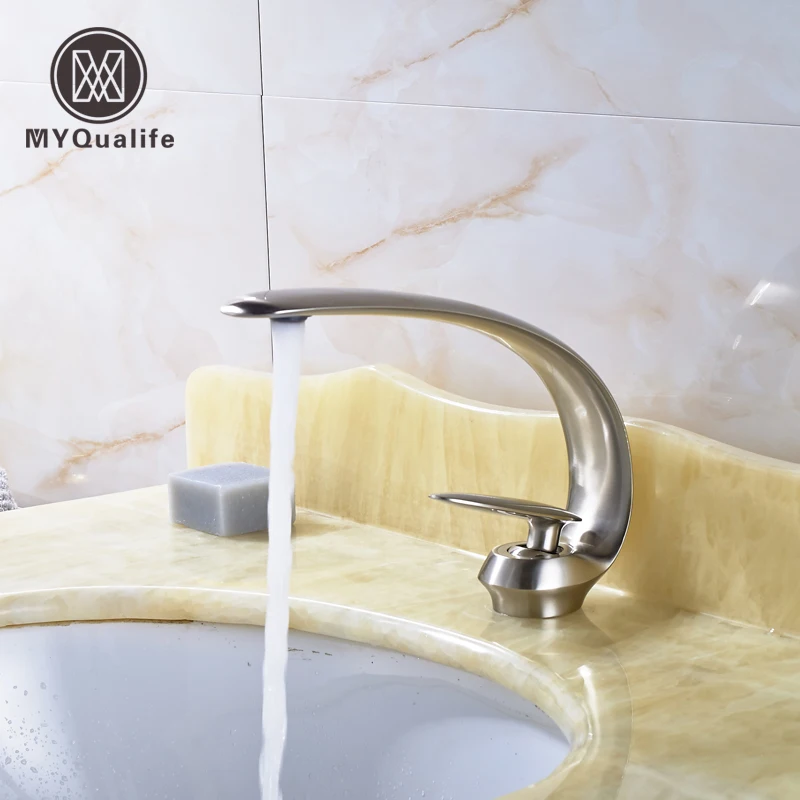 

Free Shipping Brushed Nickel Creative Basin Sink Faucet Single Handle Curved Shape with Hot and Cold Mixers