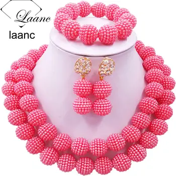 

Laanc Fashion Coral Pink Jewelry Sets Nigerian Beaded Simulated Pearl Necklace Costume African Wedding Beads Jewelry Set 2RZD006