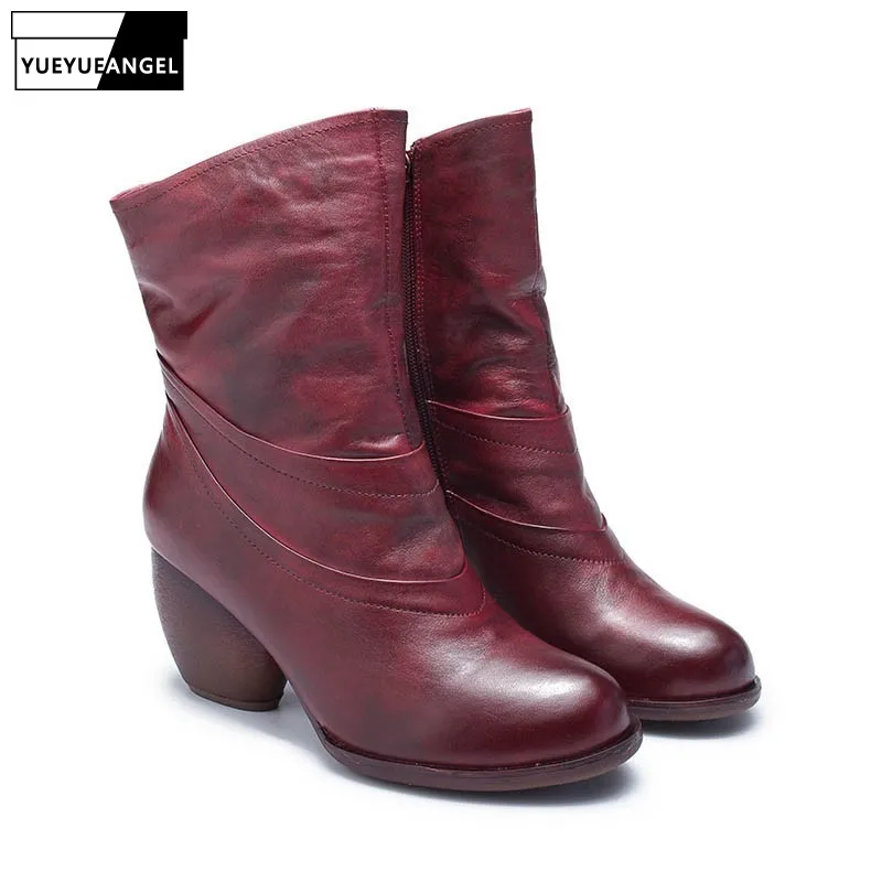 

Vintage Block High Heels Mid Calf Boots Women 2019 New Round Toe Zip Cotton Booties Retro Genuine Leather Knight Boots Femme