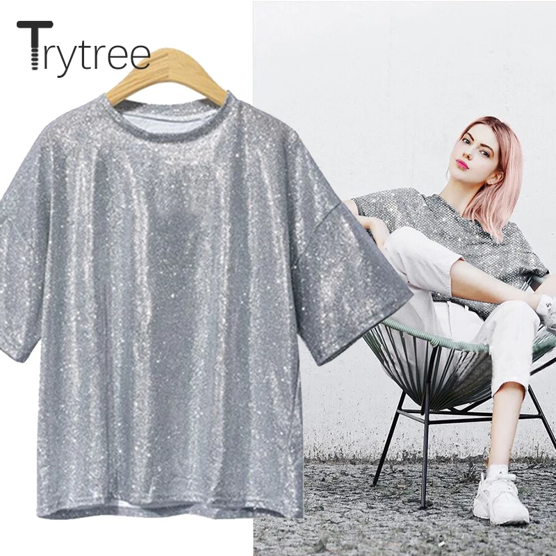 Trytree Spring Summer Women t shirt Casual Polyester tshirt Fashion O-Neck Pink Silver Tops clothes Solid Polyester Shirts Trytree Spring Summer Women t shirt Casual Polyester tshirt Fashion O-Neck Pink Silver Tops clothes Solid Polyester Shirts
