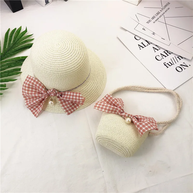 New Children Bag Straw Hat Set Hand-woven Bow Single Shoulder Bag Sun Straw Hats LMH66