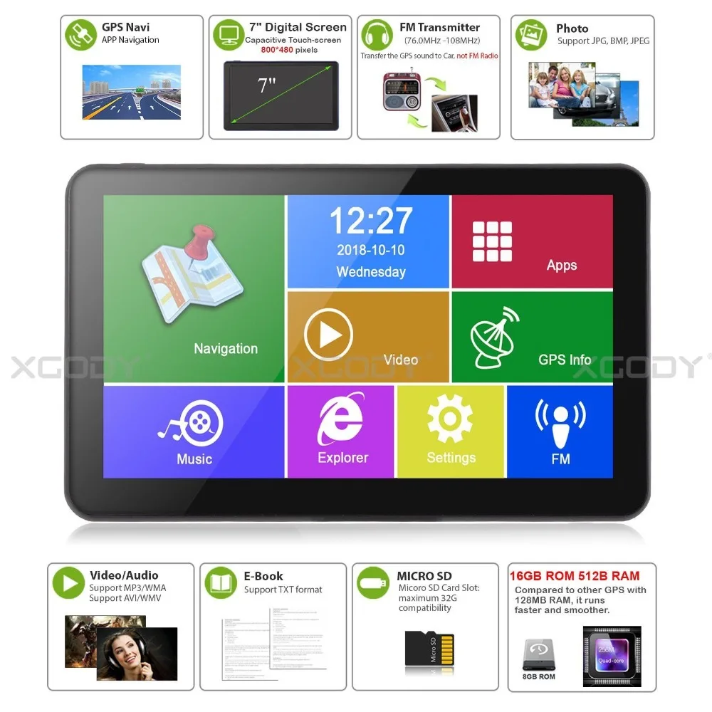 XGODY Android Автомобильный gps навигатор 7 дюймов HD грузовик навигатор 512 Мб 16 Гб WiFi планшетный ПК TF FM Navitel США AU ЕС карта