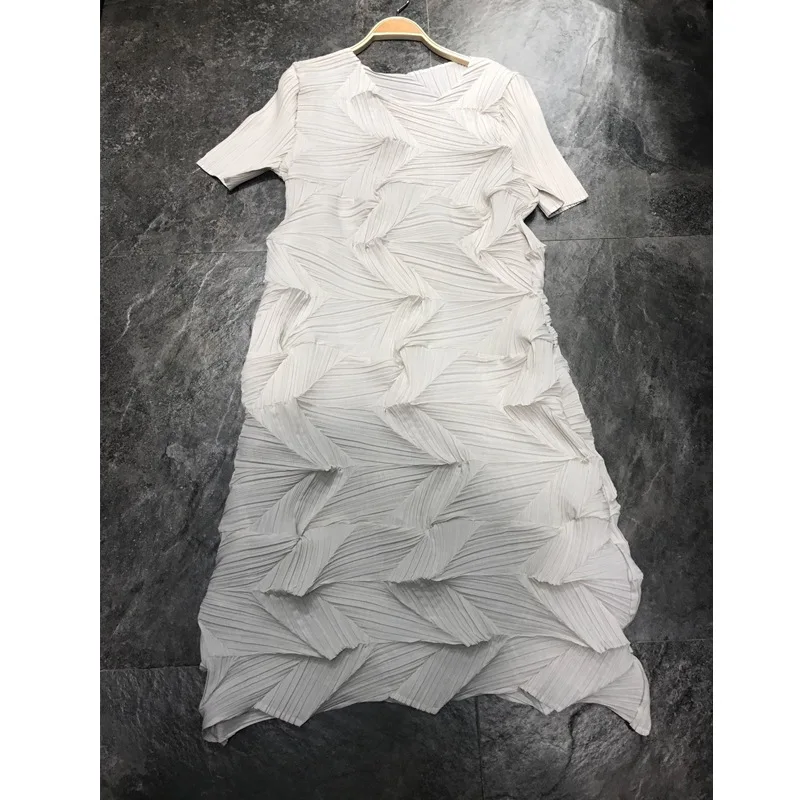 Miyake модное плиссированное платье с коротким рукавом и круглым вырезом