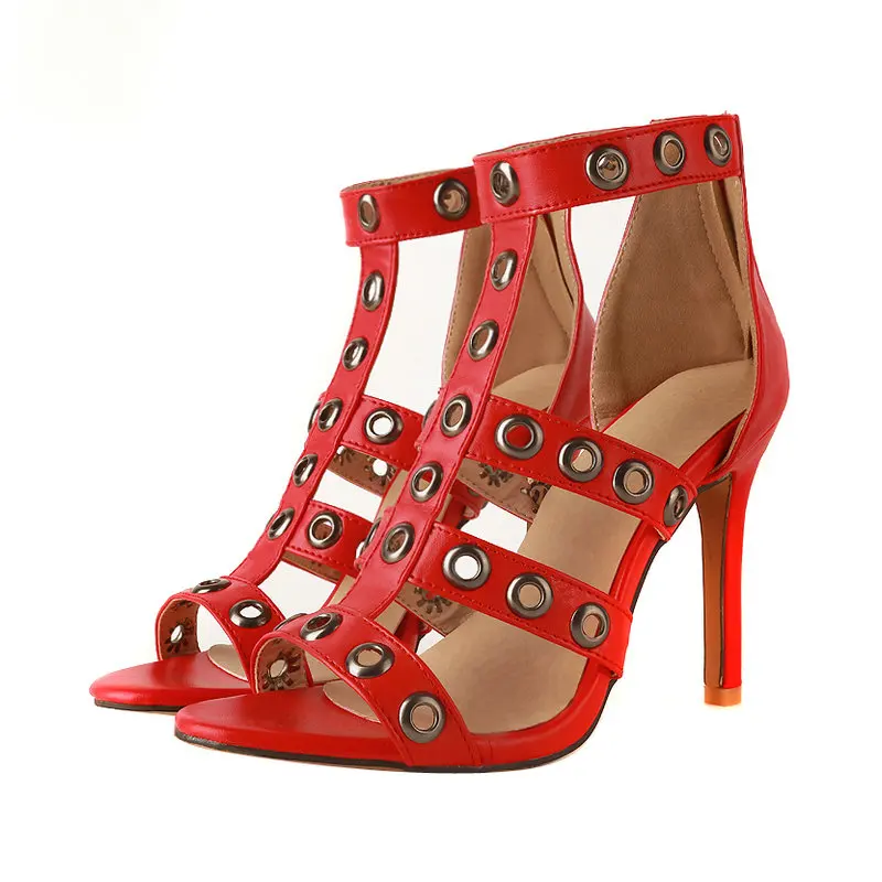 

B2-7 DF Size 33-46 Female PU Leather T-tied Sandals Ladies Ankle High Shoes Woman High Heels Shoes Women Sexy Party Dance Shoe