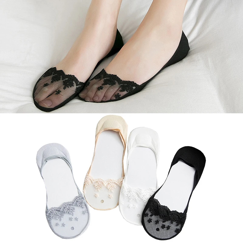 1 пара прозрачных коротких кружевных носков, женские летние открытые носки-башмачки, тапочки для женщин, удобные эластичные невидимые носки