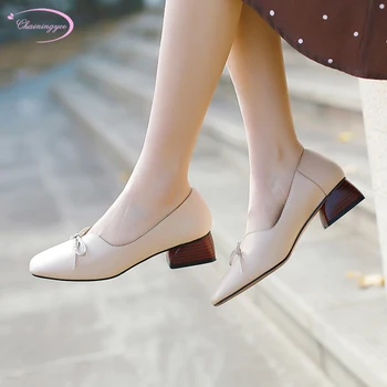 

Chainingyee college style comfortable square toe real leather pumps fashion bowknot slip beige black apricot brown women shoes