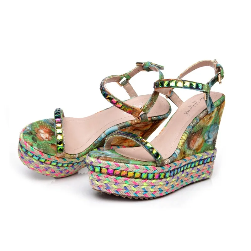 29_2016 Summer New Fashion Rhinestone High Heel Open Toe Sandals Casual Bohemian Wedge Elegant Shoes For Ladies High Quality