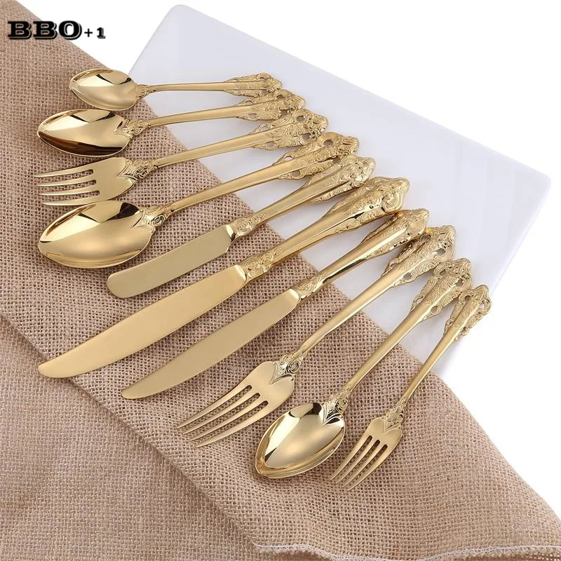 10pcs/set Golden Cutlery Set Gold Flatware Wedding Christmas Dinnerware