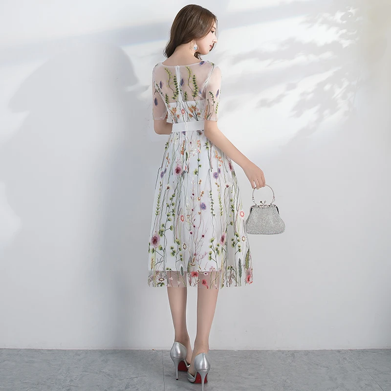 White Evening Dresses Long 2018 Elegant O-neck Half Sleeves Tea-Length Flower Lace Formal Dress Plus Size