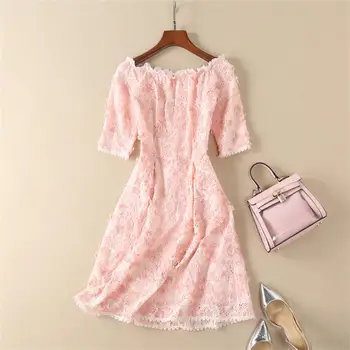 

Women Dresses 2018 High Quality Designer Runway Summer Dress Slash Neck Half Sleeve Lace Embroidery Mini Dress Prink DX0650