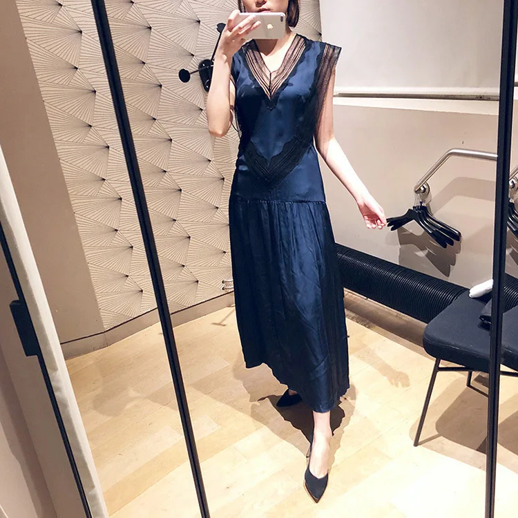 

Women Dress 2019 Spring and Summer New Lace Side Slim V-neck Sleeveless Dress