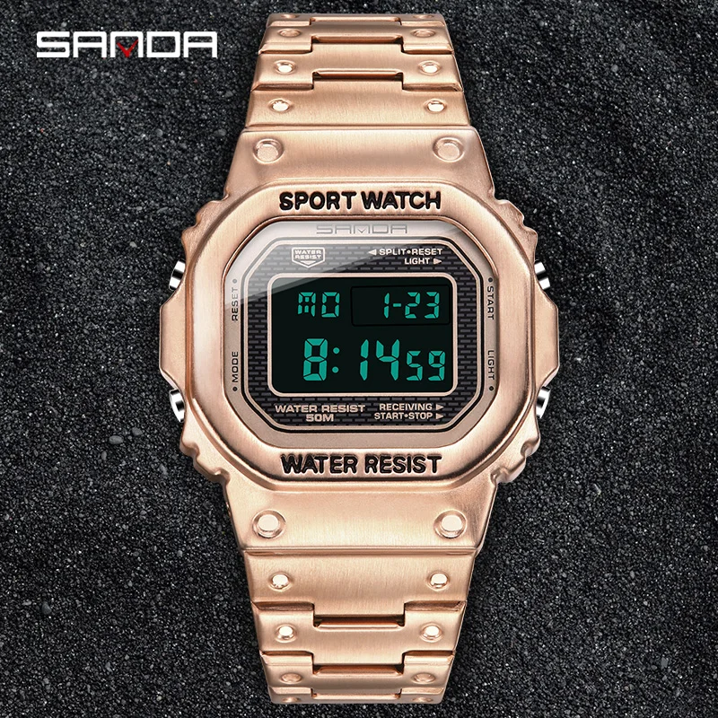 

SANDA Gold Men's Watches Top Brand Luxury LED Digital Watch Men 5ATM Waterproof Rose Golden Clock Black Relogio Masculino 390