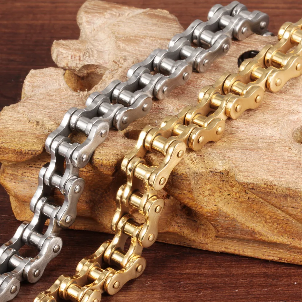 Fate Love 21.5cm*13mm Punk Gold Color Heavy Wide Stainless Steel Bracelets Bicycle Motorcycle Chain Men Delicate Jewelry FL781