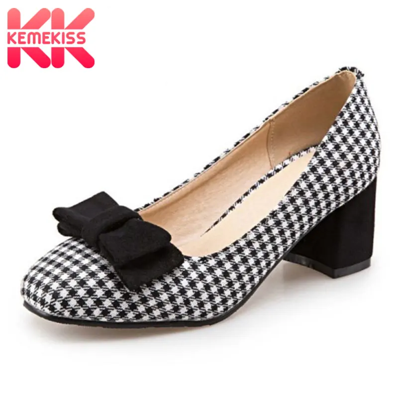 

KemeKiss Size 32-43 Ladies High Heel Shoes Women Plaid Bowtie Thick Heels Pumps Office Party Vintage Wedding Female Footwears