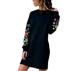 Для женщин зимние мини-Толстовка платье элегантный цветочный с длинным рукавом o-образным вырезом Свободные теплое платье черный уличная