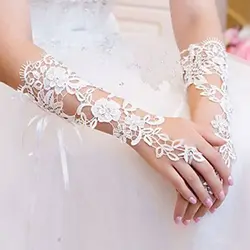 1 пара элегантный невесты Прихватки для мангала Роскошные Кристалл вырез кружево чистый белый перчатки без пальцев