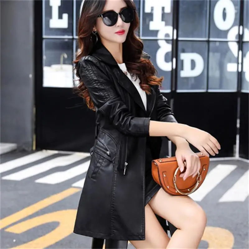 

2019 new winter long paragraph Slim quilted leather female waist was thin windbreaker jacket plus cotton leather belt