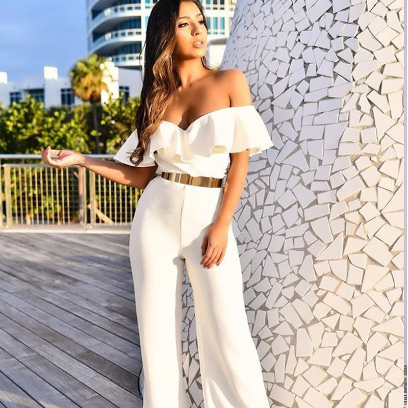 

Black Elegant Office Lady Off Shoulder Short Sleeve Ruffle Skinny Jumpsuit Autumn Workwear Going Out Women Wide Leg Jumpsuits OL
