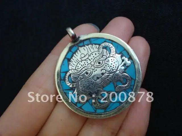 

Tibetan JewelryTBP156 Tibetan silver carved Dragon head pendants35mmNepal handmade Double sides turquoise Man amulet totem