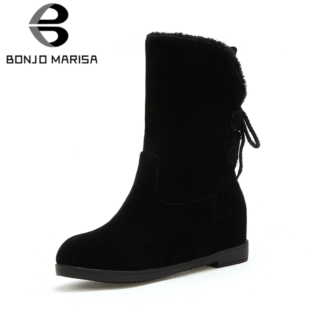 

BONJOMARISA 2018 Winter Big Size 34-43 Comfortable Warm Fur mid-calf Snow Boots Women Black Wedges Shoes Woman