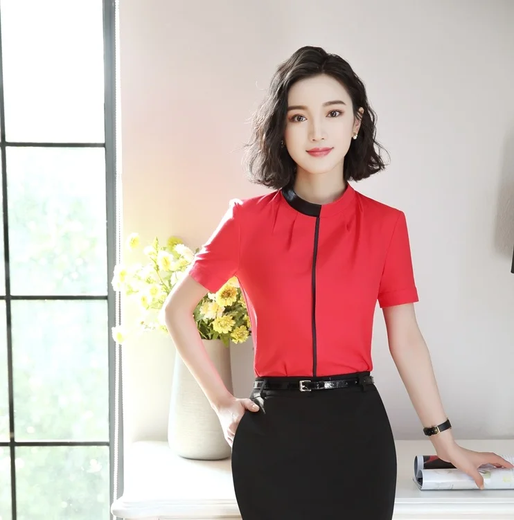 

Spring Autumn Office Shirts Women O-Neck Tops Short-Sleeve Casual Chiffon Blouse Female Ladies Work Wear Solid 4 Colors