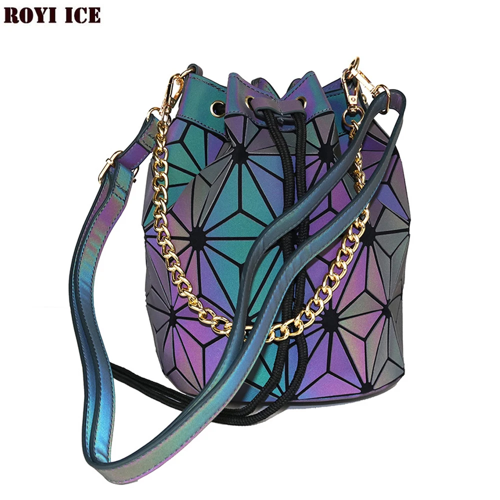 

Royi Ice Holographic Handbag Women Fashion Geometric Diamond Deformation Folding Shoulder Bag Laser Luminous Bucket Bag Round