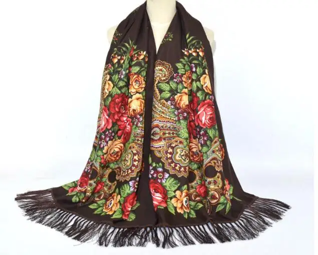 Женский шарф с принтом и кисточками, Модный мягкий шарф с бахромой, 175*70 см, 180 г/шт - Цвет: coffee