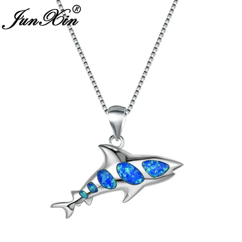 

JUNXIN 925 Sterling Silver Shark Pendant Blue White Fire Opal Necklaces For Women Cute Fish Necklace Female Wedding Jewelry