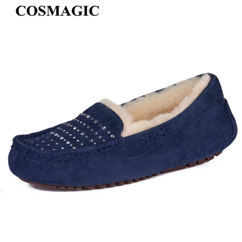 COSMAGIC/женские лоферы на плоской подошве из овечьего меха модные замшевые мокасины