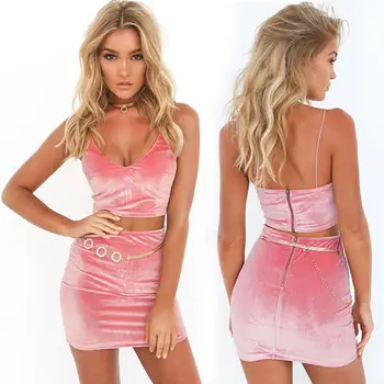 

Women Sets Solid 2 Pieces Set Spaghetti Strap Crop Top High Waist Pencil Skirt Women Velvet ClothingOutwear sexy nightclub skirt
