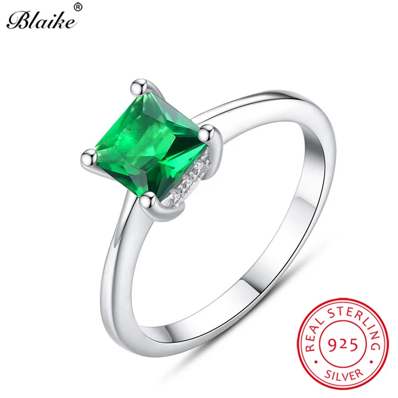 

Blaike Genuine S925 Sterling Silver Ring Square Green Zircon May Birthstone Emerald Rings Women Simple Style Bridal Fine Jewelry