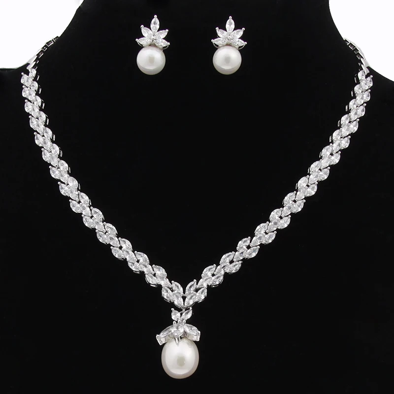 

2016 New Luxury Romantic Design CZ Simulated Pearl Jewelry Set Gorgeous Necklace And Earring Set For Party/Wedding WS087
