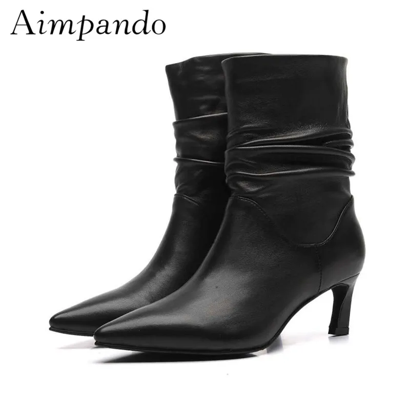 

Sexy Pointy Toes Short Booties For Women 6cm Thin Heel Black White Pleated Leather Fashion Runway Botas Mujer