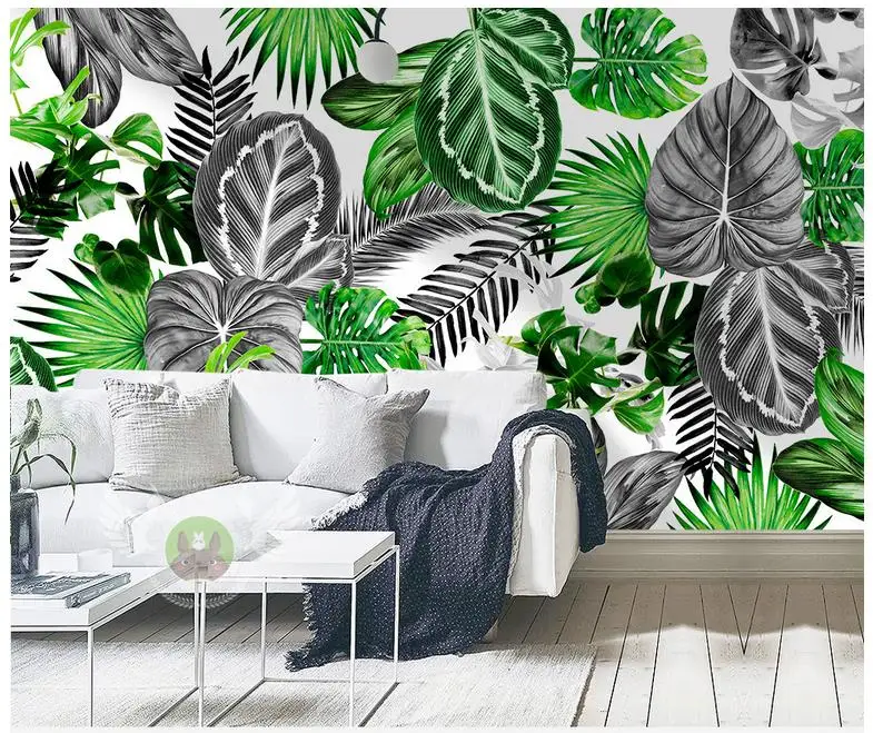 

3D wall murals wallpaper custom picture mural wall Simple black and white tropical plants turtle leaves background wall paper