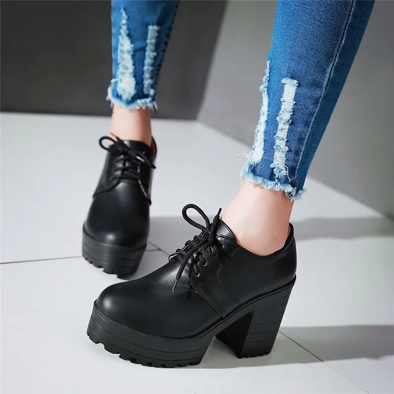

YMECHIC Autumn 2019 New Arrival Vintage Wine Red Black Lace Up Block Heels Gladiator Platform Shoes Woman Creepers Women Pumps