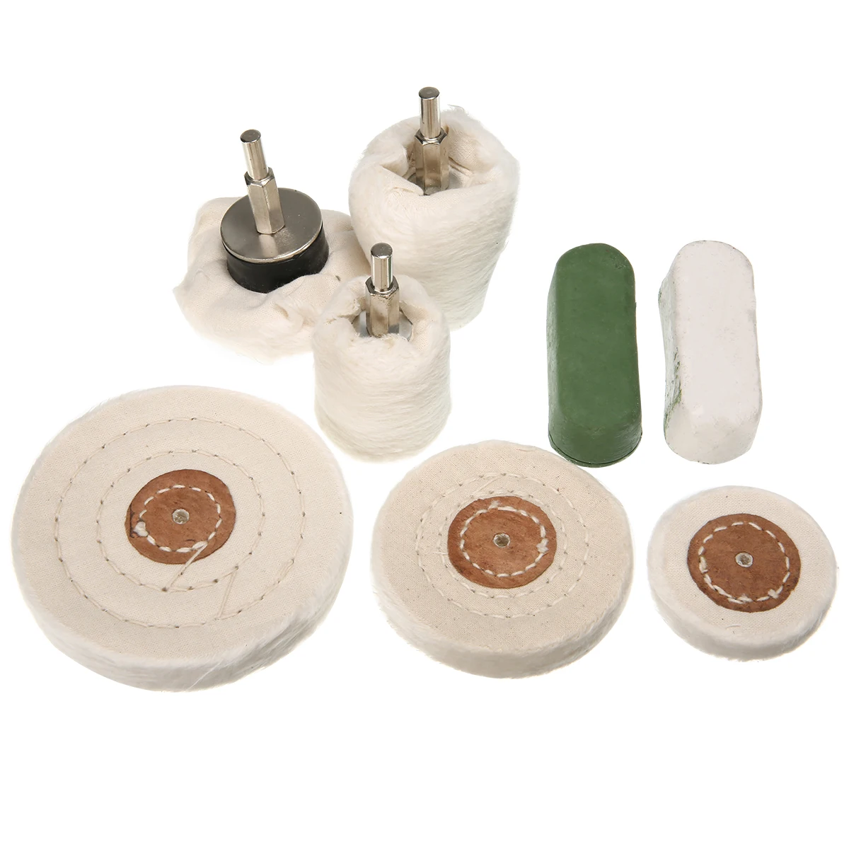 

3pcs Cylinder & Goblet & Dome Polishing Mop + 2pcs Green & White Polishing Paste + 3pcs Stitched Buffing Polishing Wheel Kit