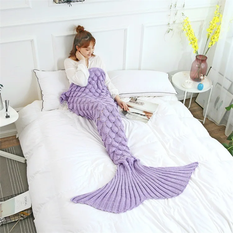 

Solid Color Soft Crochet Knitted Mermaid Blanket Scales Sleeper Sleeping Bag Sofa Quilt Throw With Tail For Adults Women Girls