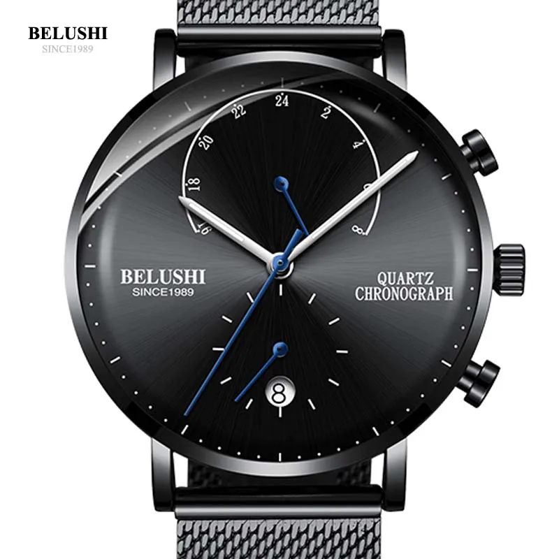 

BELUSHI Stylish Men Watch Top Brand Luxury Auto Date Steel Mesh Belt Chronograph Quartz Watches Waterproof Relogio Masculino