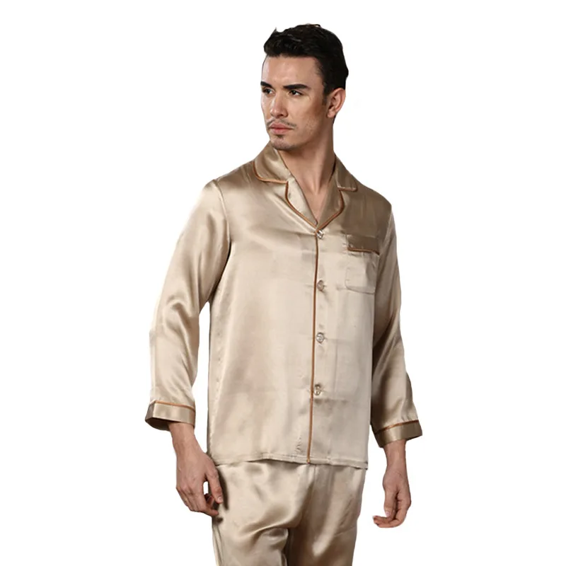 2020 New Genuine Silk Pajamas Man Two-Piece Sets 100% Silkworm Silk Sleepwear Male Comfortable Home Wear 16195