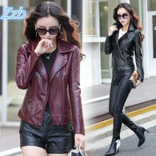 New Ladies Basic Jackets Good Quality leather motocycle jacket female Spring black o neck  sleeve coat short design streetwear