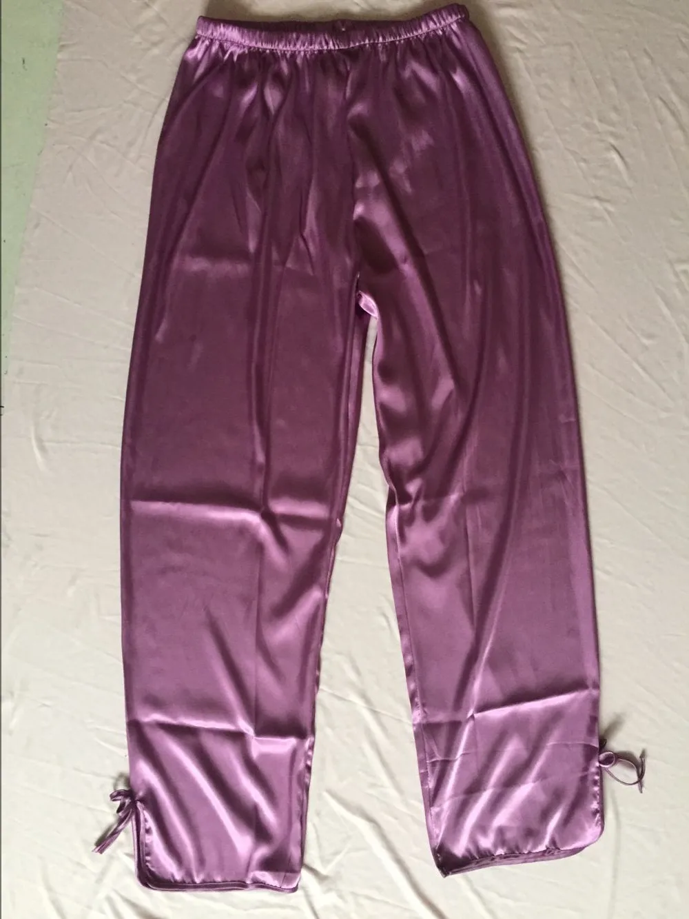 

Korean Sleep Pajama Soft Satin Silky Trouser Ladies Elegant Pants with Bottom Slit Patchwork Bow,Pyjamas Bottom Big Plus Size