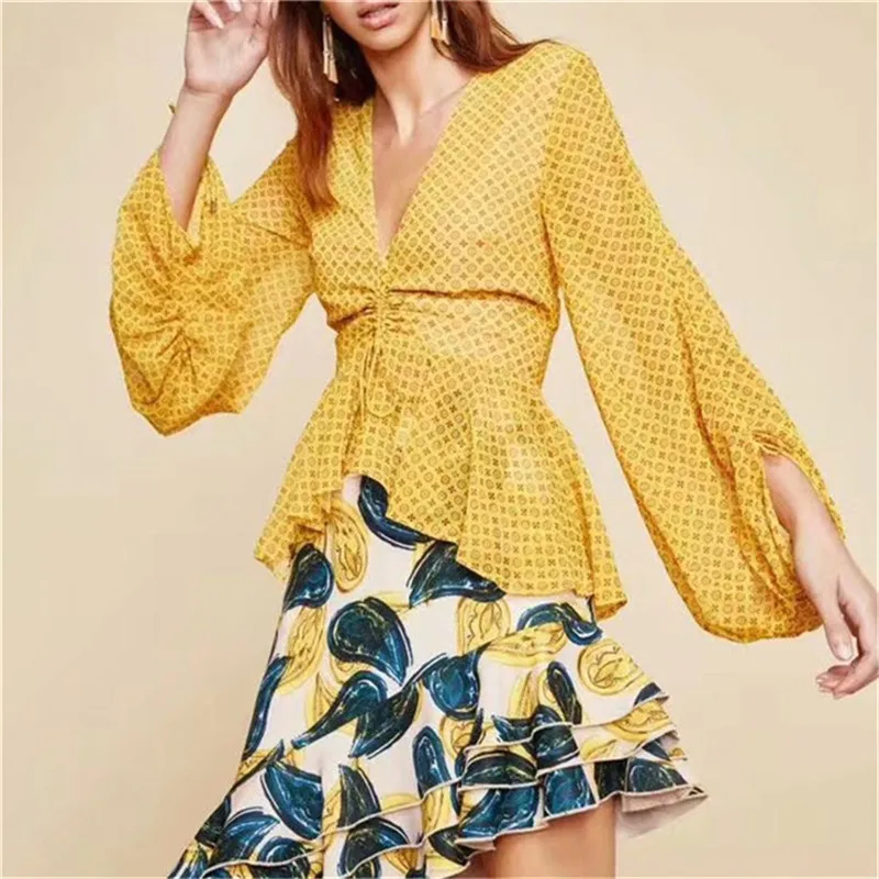 

Women Chiffon Blouses Tops Lantern Long Sleeve Shirt V-neck Irregular Hem Ladies Printed Elegant Strap Blusas Chemise Femme