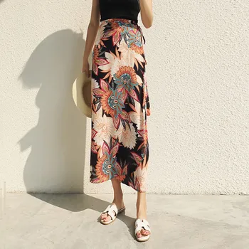 

Ladies Floral Print High Split Long Skirt One Piece Summer Maxi Skirt Female Sash Tie Up Boho Beach Wrap Skirts for Women W1